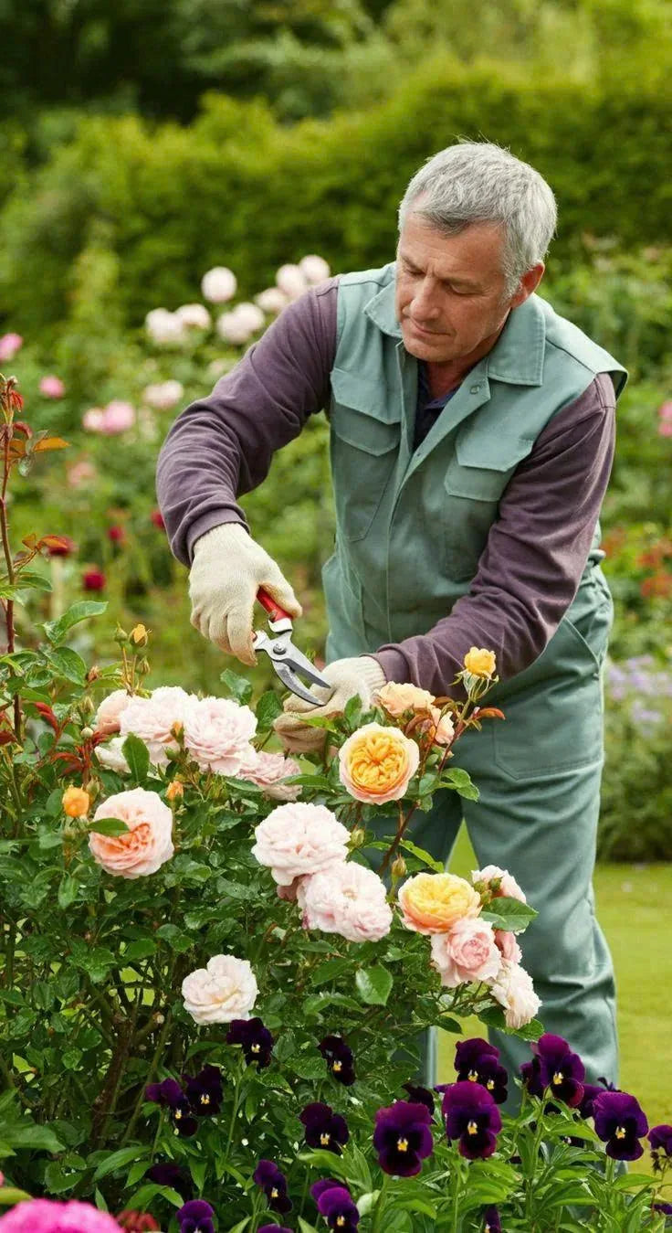 An experienced gardener carefully tending flowering roses