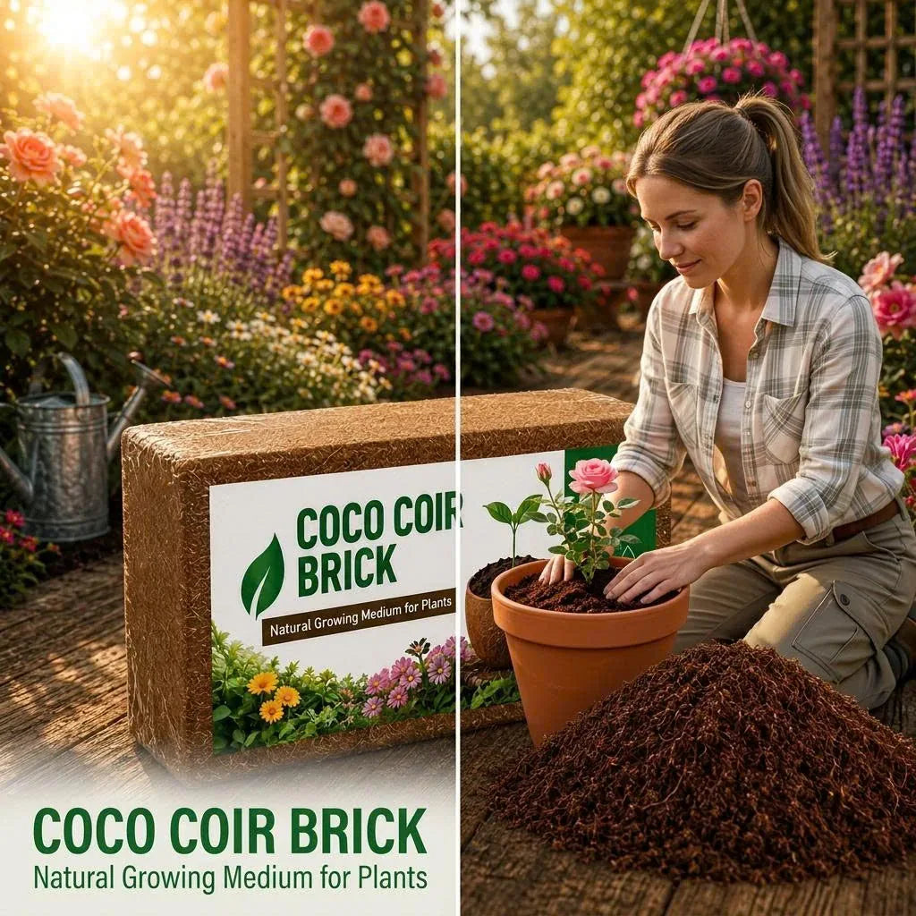 A gardener planting flowers beside a coco coir brick and expanded coir