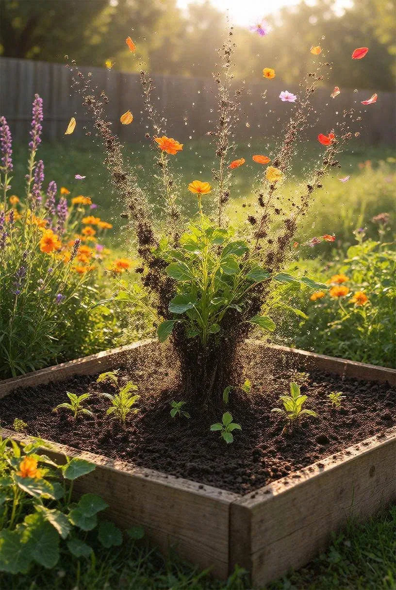 A healthy flowering raised garden bed with rich growing medium