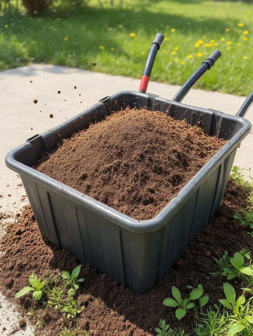 A garden cart filled with hydrated coconut coir growing medium