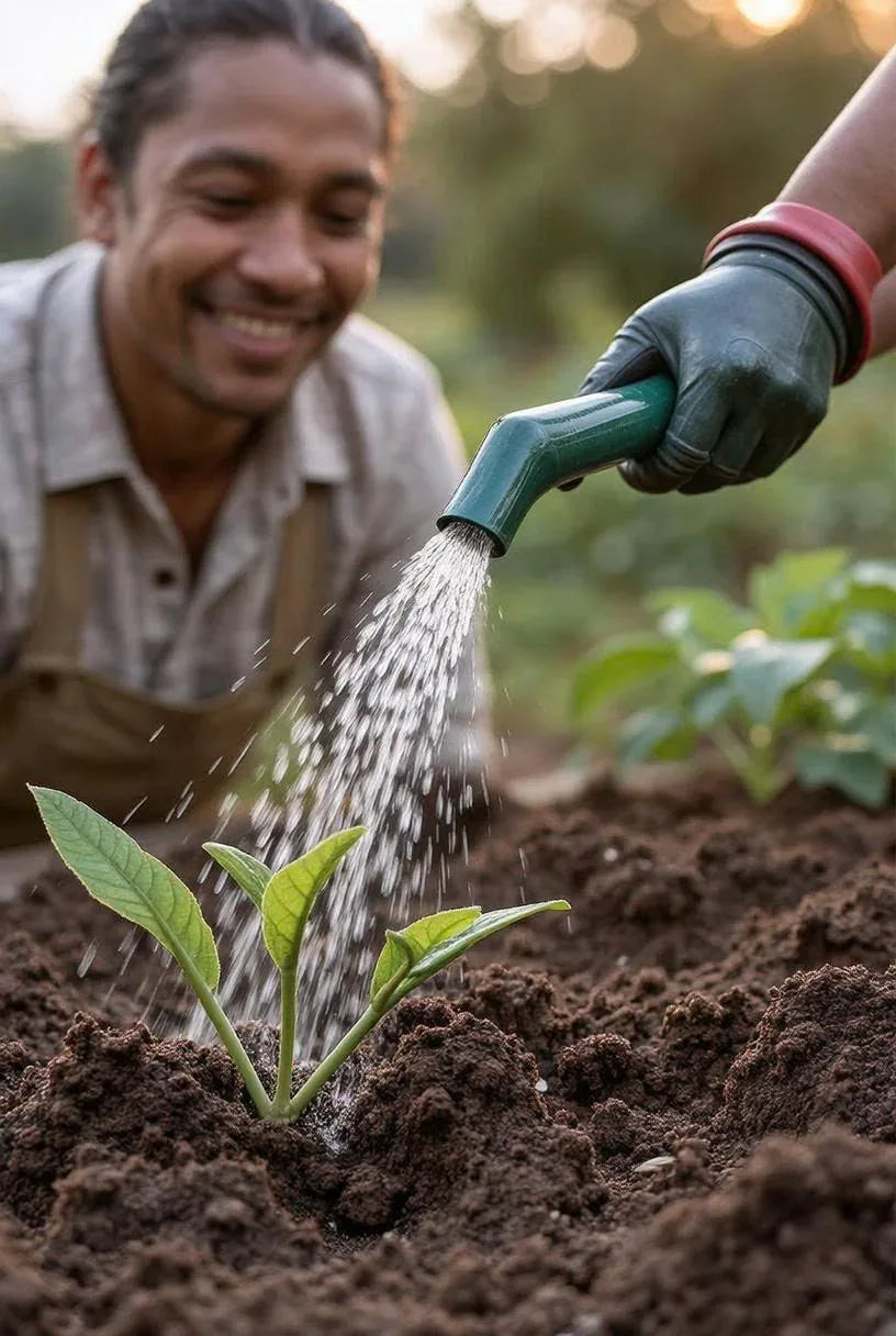 Gardener carefully watering a young plant