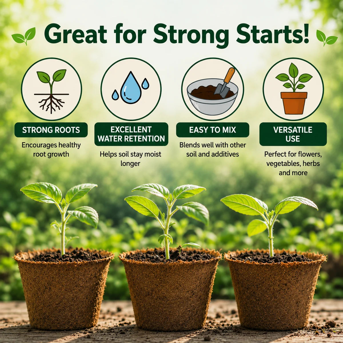 Coconut coir benefits for seedlings, pots, herbs, vegetables, and flowers