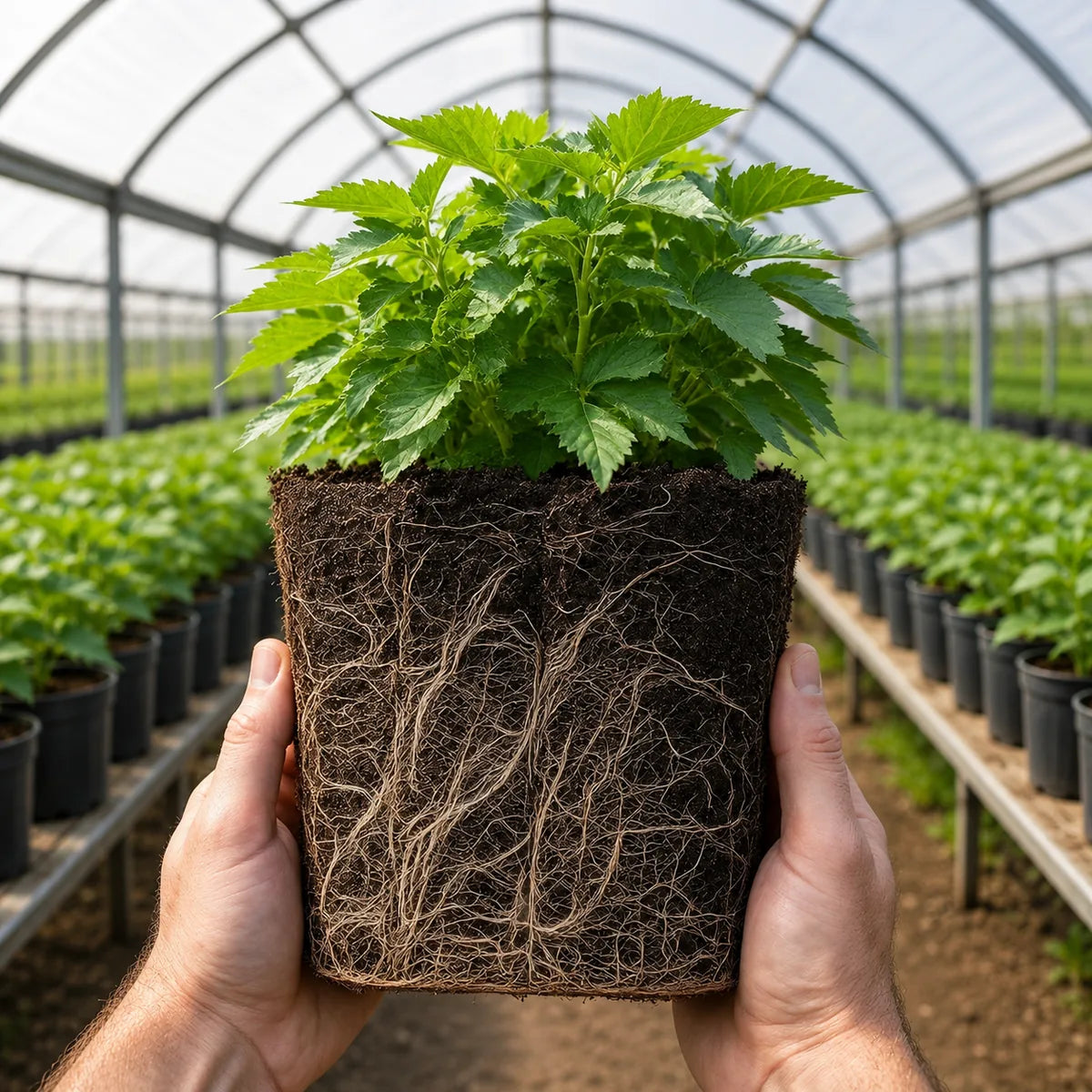 Healthy plant roots spreading through a light growing medium