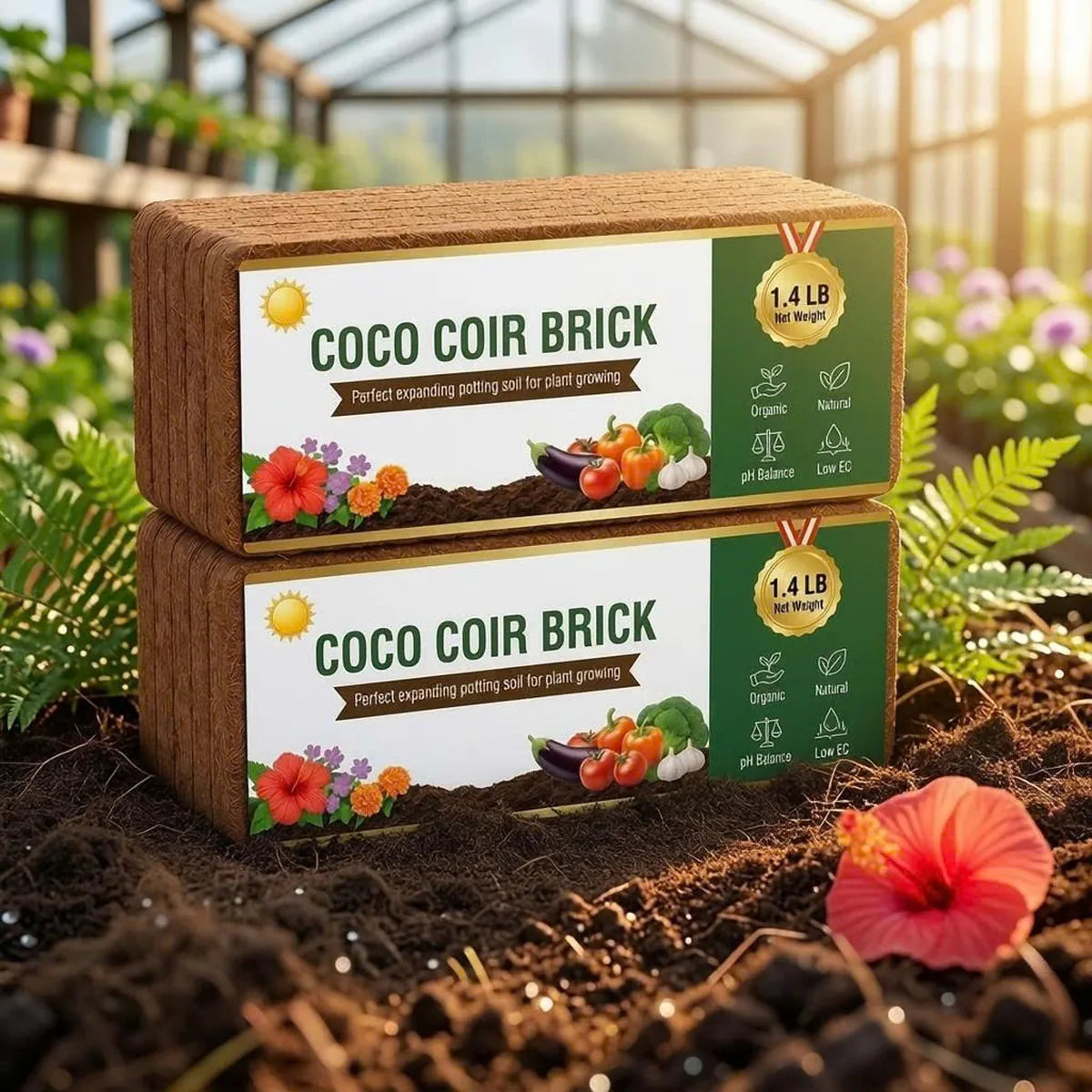 Compact Cocogrows coconut coir bricks ready for a gardening project