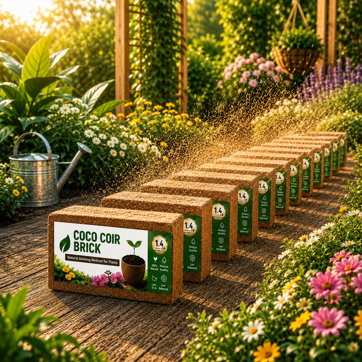 Cocogrows compressed coco coir bricks in a garden