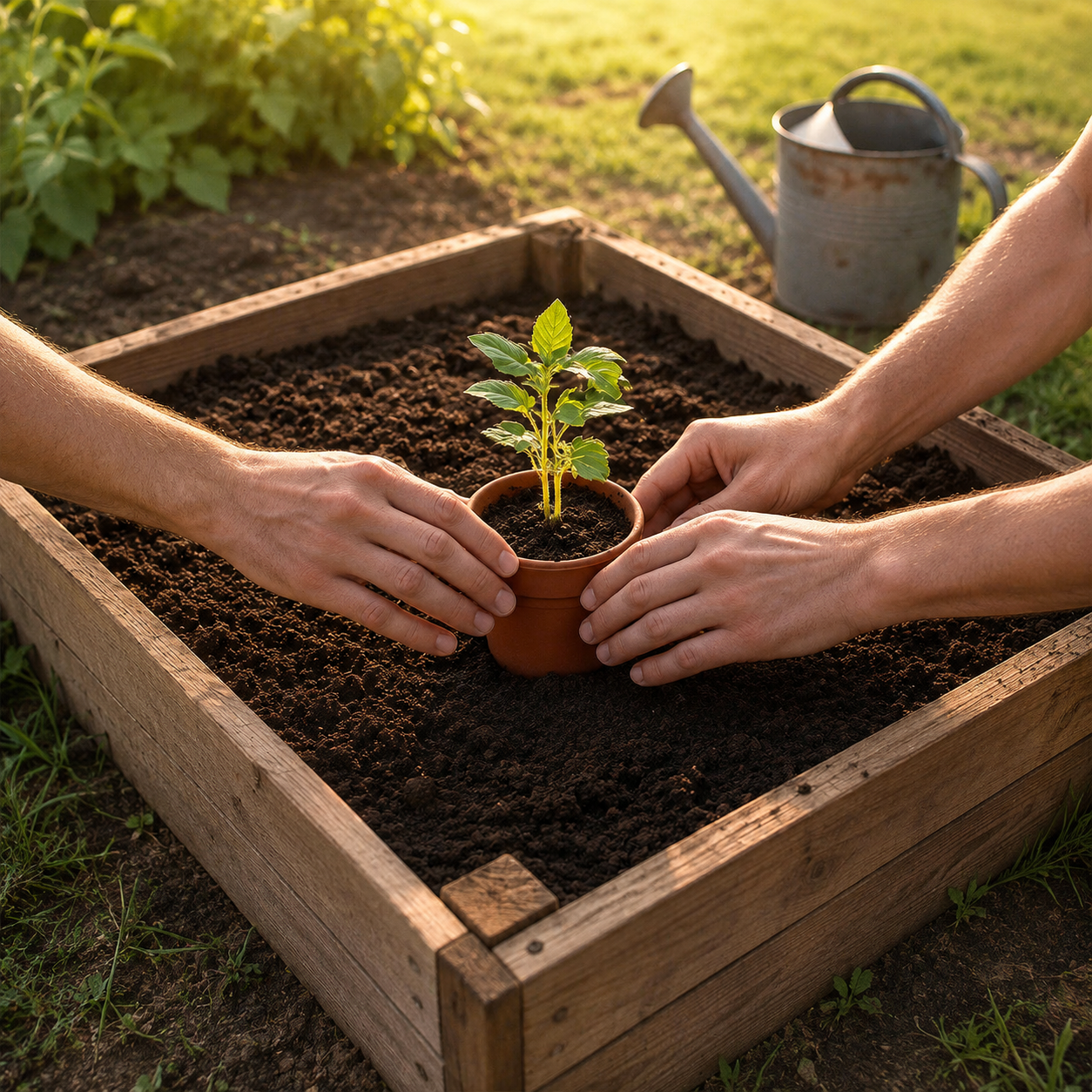 Planting a young plant into prepared growing medium