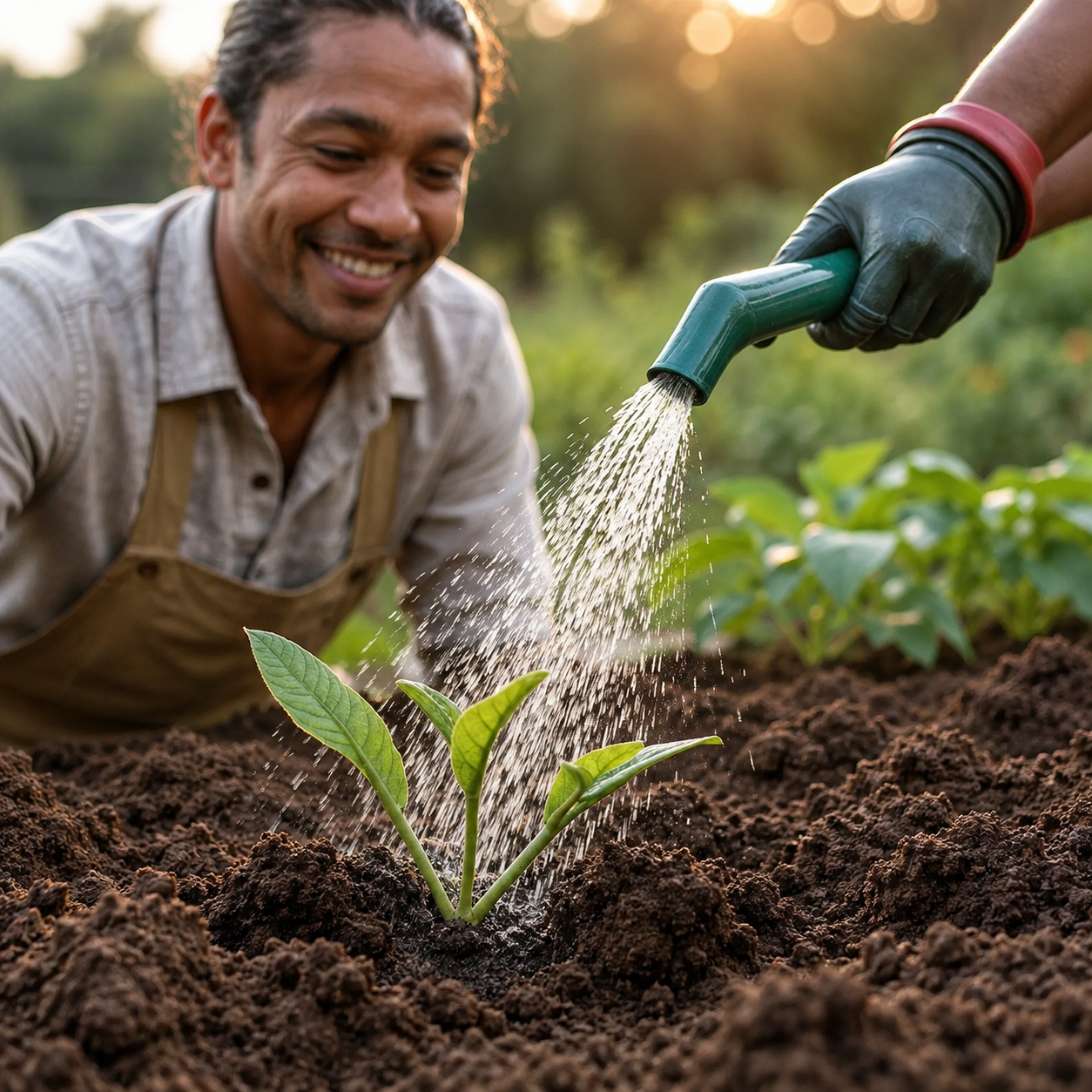 Gardener watering a young seedling