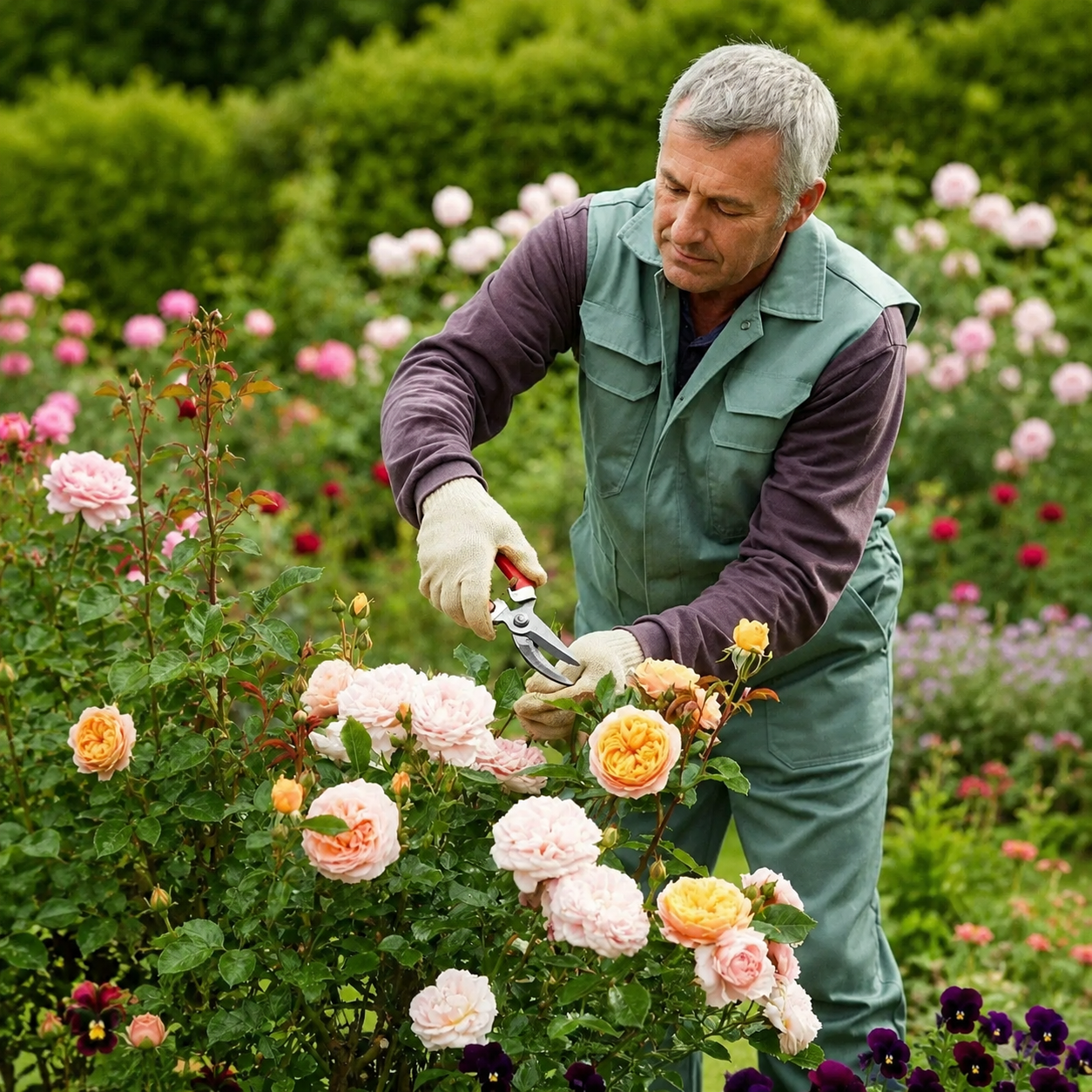 Home gardener caring for flowering plants