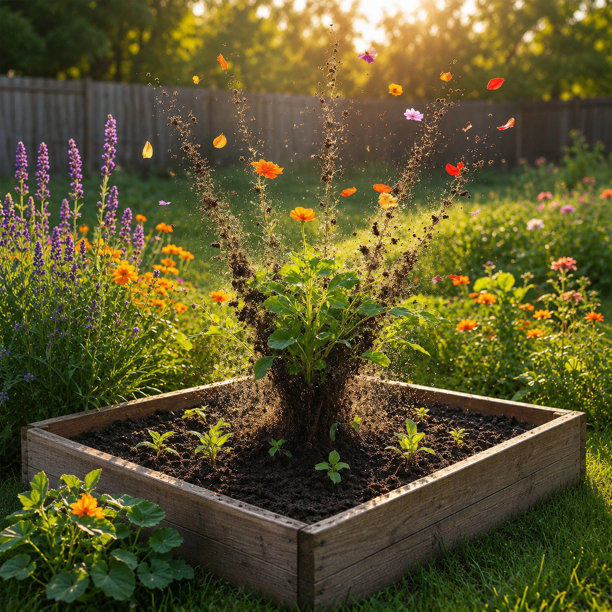 Raised garden bed with plants growing in dark growing medium