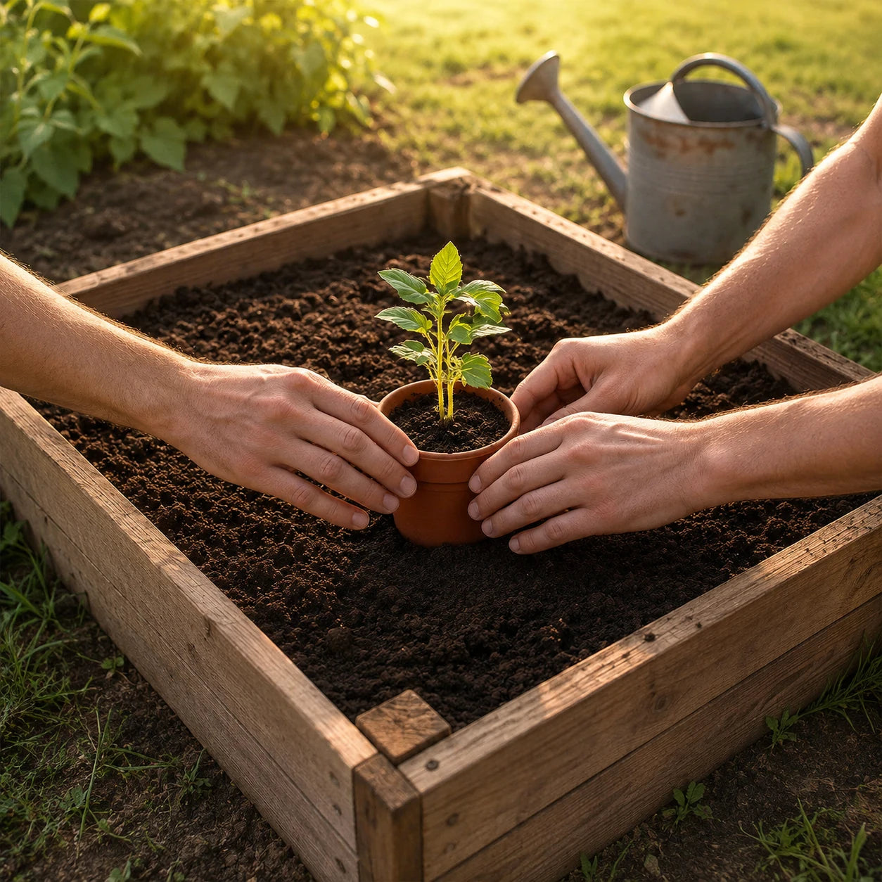 Planting a young plant into prepared growing medium