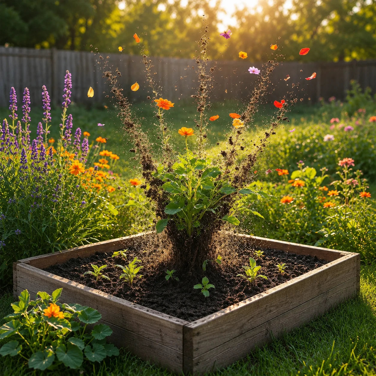Raised garden bed with plants growing in dark growing medium